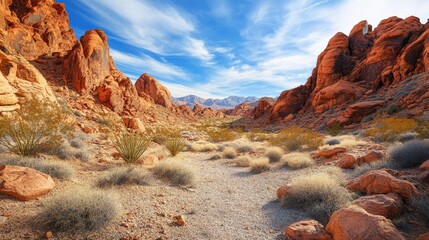 Majestic desert landscape with red rock formations and clear blue sky.