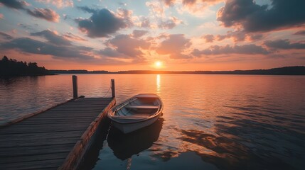 Boat Dock at Sunset with Calm Water and Golden Sky,generative ai