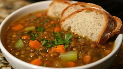 A hearty lentil soup with carrots, celery, and spices served with crusty bread.