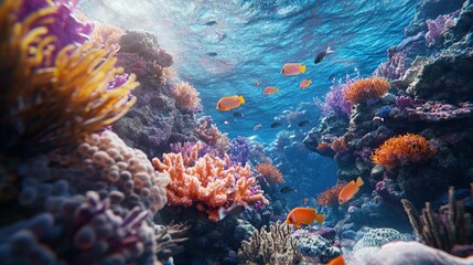 Vibrant underwater coral reef teeming with fish.