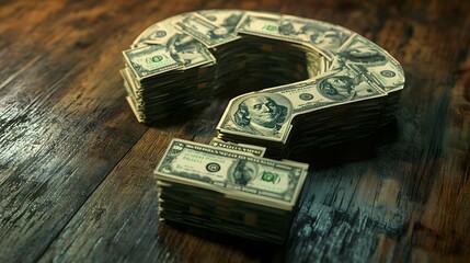 Question Mark Made from Dollar Bills on Wooden Surface,generative ai