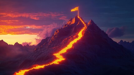 Fototapeta premium Concept of step-by-step achievement of goals. Glowing path leading to success and achievements concept with flag on peak of mountain. Ad poster for business the presentation.