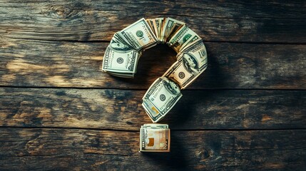 Question Mark Made from Dollar Bills on Wooden Surface,generative ai