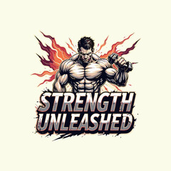 Motivational Gym Theme t shirt, poster, greetings card, logo, mug print vector design.  Strength Unleashed quote typography, calligraphy with gym boy illustration