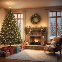 Cozy Christmas living room with decorated tree, fireplace, and festive atmosphere