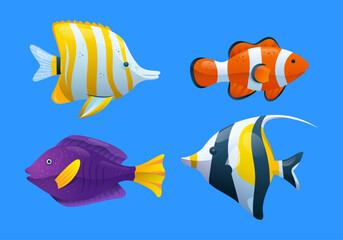 Naklejka premium Ilustración de peces. Colección diferentes peces coloridos. Ilustración de animales marinos aislados.