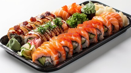 Artful display of sushi including cucumber rolls, dragon rolls, and avocado maki on a sleek black plate, set against a clean white backdrop