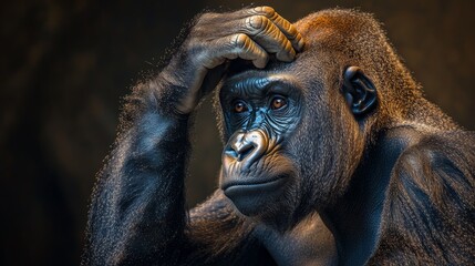 Obraz premium The gorilla sits thoughtfully, her hand resting on her head. She's a symbol of deep thinking and serious reflection, set against a dark background.