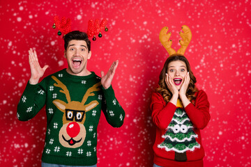 Portrait of amazed excited two people family wife husband brunet hair scream wow omg hear news wear...