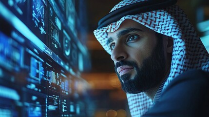 modern arab business leader using digital data and futuristic screens to drive innovation and investment at a tech startup, showcasing a forward-thinking entrepreneurial approach