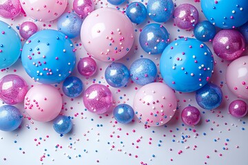 Colorful display of balloons with pink, blue, and purple colors