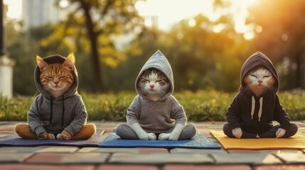 Group of cool cats in hoodie yoga class in urban park for summer relaxation and mindfulness retreat