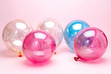 Row of balloons in different colors, including pink, blue, and purple on the floor