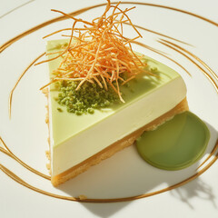Cheesecake Slice with Pistachio Sauce and Kataifi Topping