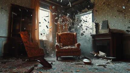 Obraz premium Chaos unfolds in a once-comfortable living room as debris flies during an explosion, capturing a moment of destruction and disarray