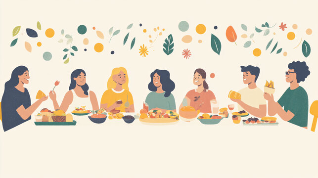  A group of people enjoying a potluck dinner. 