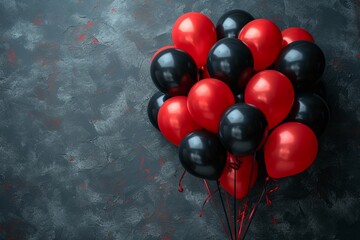 Bunch of red and black balloons are tied together. Concept sale for black friday