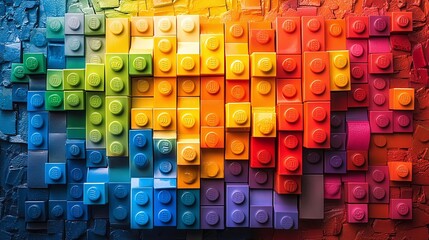 vibrant plastic interlocking bricks arranged in rows, representing creativity, fun, and development through building, ideal for educational toys and childhood learning experiences