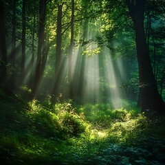 Fototapeta premium Lush Green Forest with Sunbeams