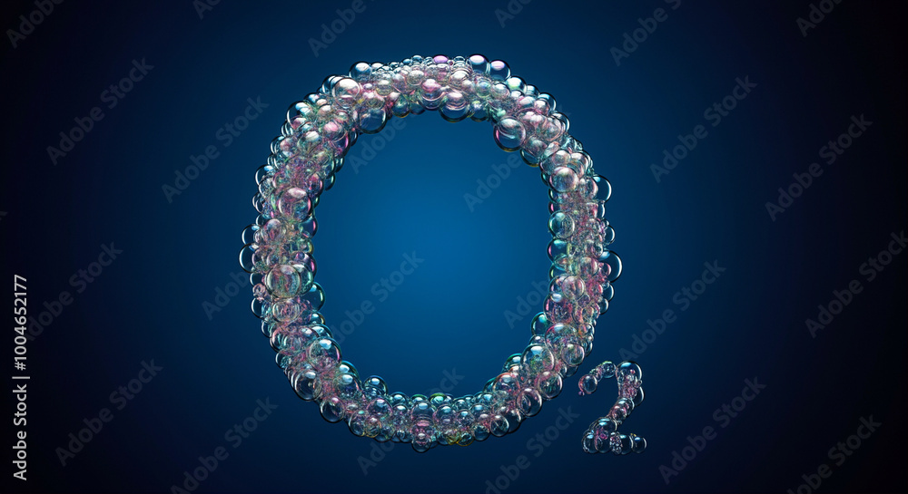 Wall mural bubbles in scientific representation of oxygen symbol o2 with colorful reflections against a dark ba