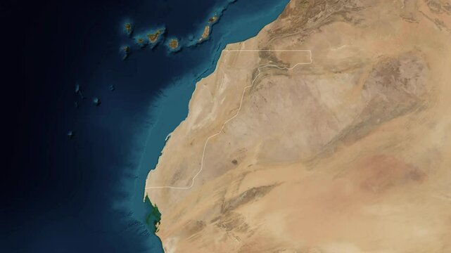 Zoom from Earth to Western Sahara. (No Border) World map animation with highlighted borders of countries. Images from NASA