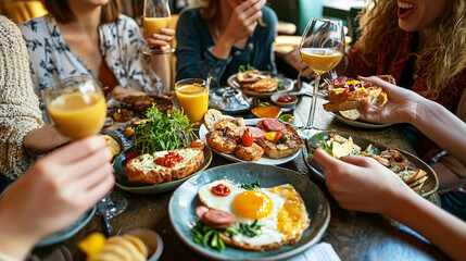  A group of friends enjoying a brunch at a trendy cafe. 