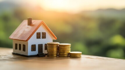 A miniature house next to stacked coins, symbolizing real estate investment and finance.