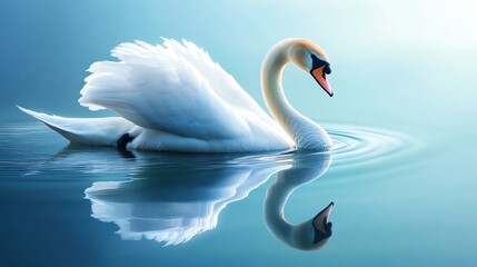 A graceful white swan swims on a calm, blue lake, its reflection mirroring its beauty.