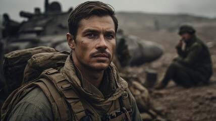 A close-up portrait of a soldier, with fear, pride, and determination in his eyes as he faces the war