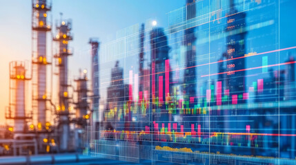Naklejka premium image depicts digital business landscape with glowing data visualizations in front of an industrial setting, showcasing intersection of technology and industry