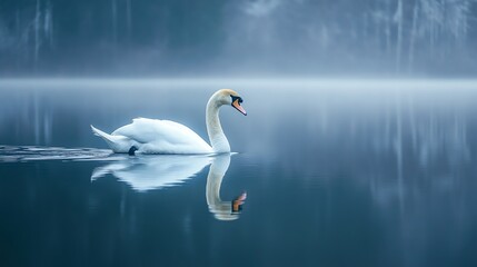 Fototapeta premium A single white swan gracefully floats in calm water with misty forest in the background.