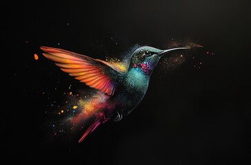 Fototapeta premium A hummingbird made of colorful powder flying on a black background