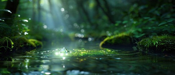 Fototapeta premium Sunlit Forest Stream with Shimmering Water Reflections