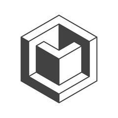 Cube logo, geometric vector design. Black and white Box logotype company, trendy techno emblem in isometric 3D style.