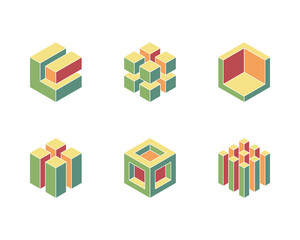 Cube logo, geometric vector design. Set box logotype company, trendy techno emblem in isometric 3D style.