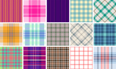 Fashionable plaid fabric designs with stripes and check patterns, perfect for repeating textile prints or trendy shirt materials.