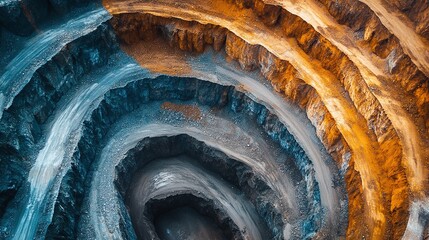 expansive aerial view of a mining quarry showing heavy machinery and terraced layers, representing large-scale gold, copper, silver, or platinum extraction operations