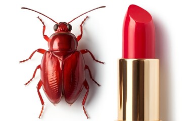 Cochineal bug next to lipstick on white background. Carmine dye and cosmetic ingredient