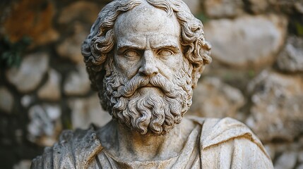 Fototapeta premium ancient wisdom embodied in a greek philosopher statue, with a thoughtful expression, symbolizing knowledge, intellectual exploration, and the philosophical tradition