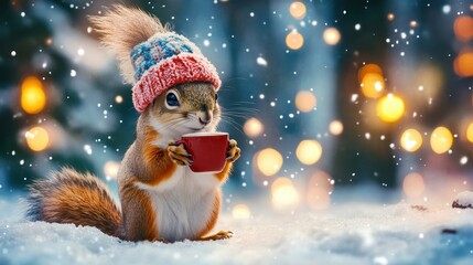 Obraz premium A cute squirrel in a knitted hat drinks cocoa or coffee from a cup against the backdrop of a winter forest with fir trees, snow and colorful lights. Postcard for the New Year holidays.