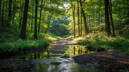 A tranquil forest stream under the summer sunlight, surrounded by dense green foliage.