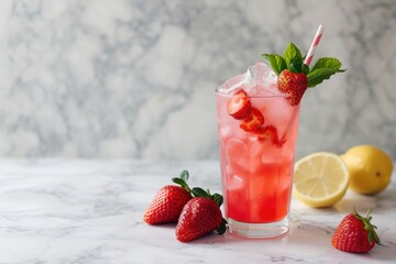 Glass of pink lemonade with strawberry cocktail fruit drink.