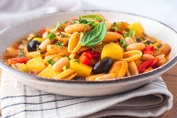 Minestrone soup with various vegetables and gnocchi Sarde pasta, the first   Italian dish for the...