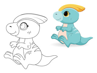Cute coloring page - baby dinosaur. Parasaurolophus. Teaching children, prehistoric times. Cute, vector, illustration
