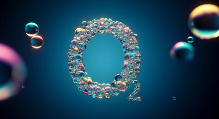 Bubbles forming oxygen symbol with colorful reflections and depth in a surreal background