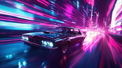A classic car races through a luminous city adorned with neon lights, reflecting vibrant colors on its polished surface while dominating the night highway
