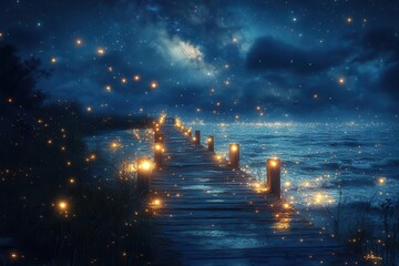 abandoned pier illuminated by moonlight surrounded by flickering fireflies serene waves lapping against the posts beneath a sky filled with stars creating a melancholic yet beautiful scene