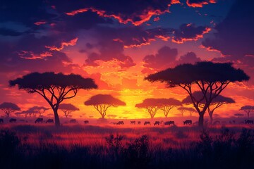 Silhouettes of acacia trees and herd of wildebeest against dramatic sunset sky over savanna.