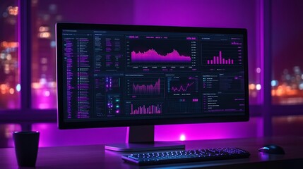 Fototapeta premium abstract network monitoring dashboard on a computer monitor showcasing real-time data analytics, graphs, and system health indicators, highlighting efficiency and performance management