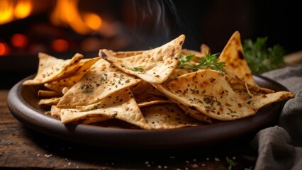 Baked pita bread chips with zaatar are ideal for dipping in hummus or sprinkling with salad.